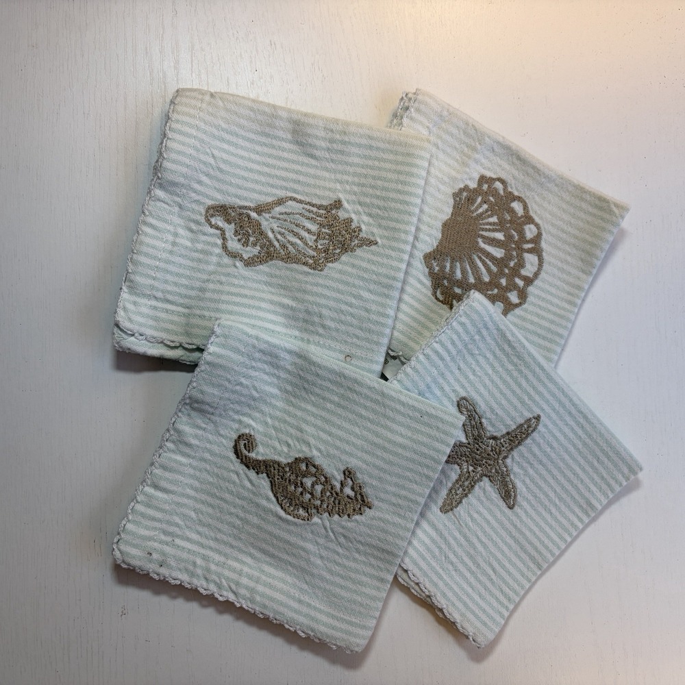 Sur La Table Cotton Stripe Coastal Cocktail Napkins Sea Shells Nautical Set Of 4